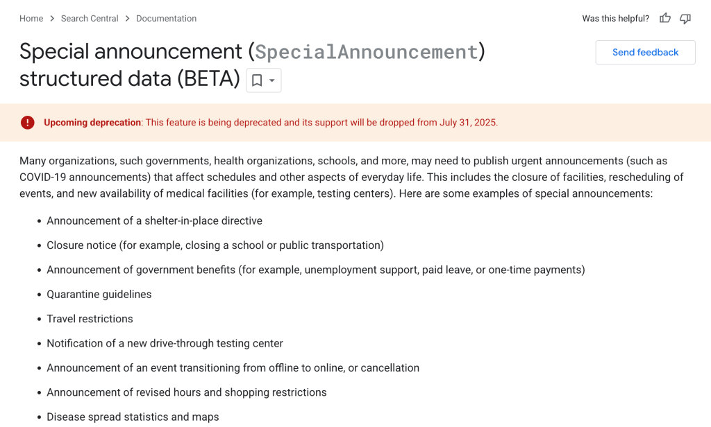 Google Descontinua Suporte aos Dados Estruturados de Comunicados Especiais 1 special announcement sd deprecation